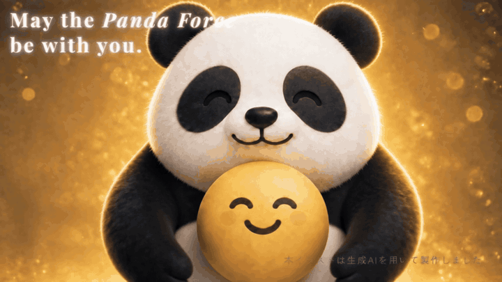 Hugging Face Emojiを抱いて繰り返し優しく抱きしめるパンダと、May the Panda Force be with you. のメッセージ